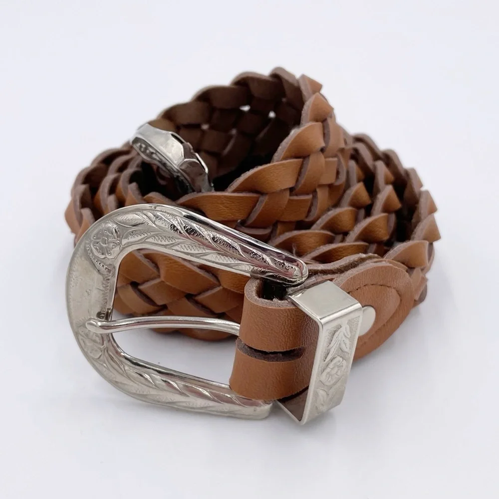 Vintage Western Belt Braided Genuine Leather Silver Buckle Flower Design 38